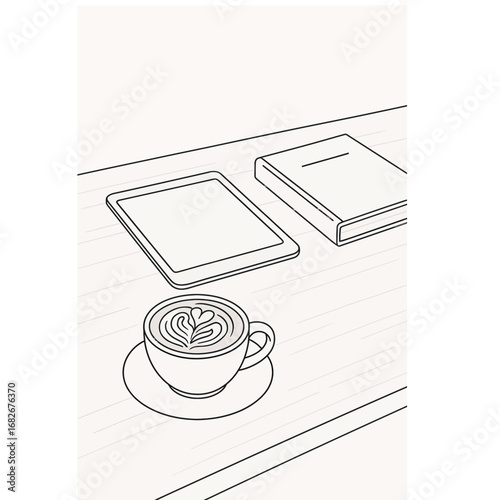 Coffee latte with book and digital tablet on wooden desk