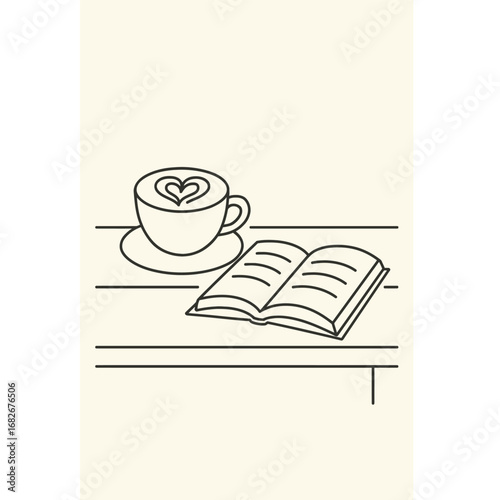 Cappuccino with book on wooden table