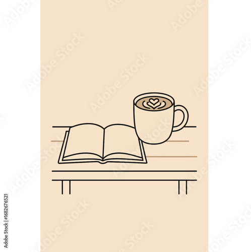 Illustrator Artwork Cappuccino with book on wooden table