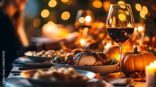 Elegant Thanksgiving dinner table with wine glasses and pumpkins glowing in candlelight, perfect for lifestyle blogs, holiday ads