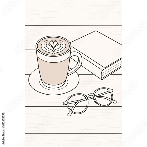 Illustrator Artwork Coffee latte with closed book and reading glasses on wooden table