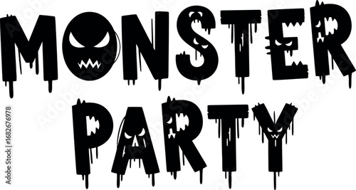 Spooky monster party text with scary faces dripping design graphic element for halloween celebrations vector