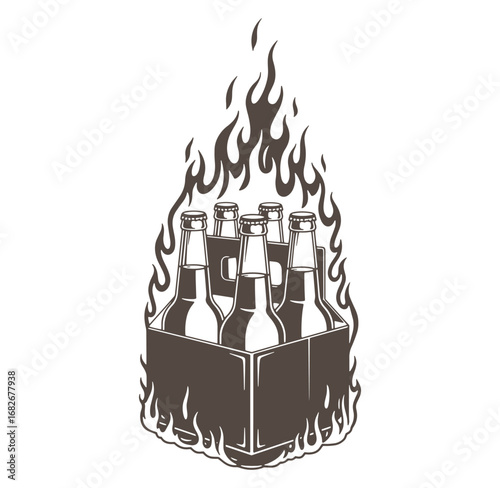 A six pack of beer bottles encased in flames vector illustration for drinks and events