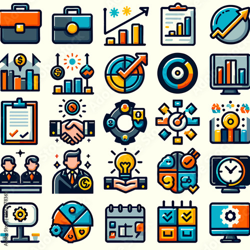 Boost your business with these vibrant icons representing growth, strategy, and teamwork for success
