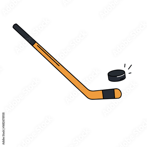 A dynamically composed hockey stick and puck, rendered as a striking 2D flat vector illustration with bold solid colors, isolated cleanly on a pristine white background.
