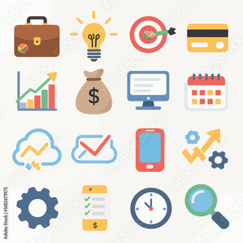 Modern business icons depicting finance, strategy, and productivity for corporate success
