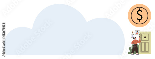 Large cloud, person verifying identity with photos near secure door, dollar coin above. Ideal for digital security, identity, privacy, fintech, cloud storage, e-commerce and authentication ideas