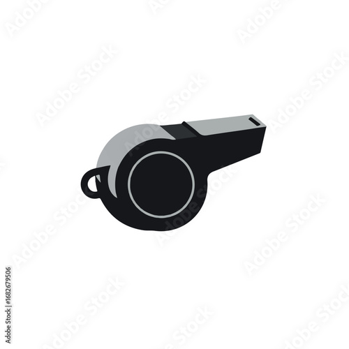 A sleek, minimalist 2D flat vector illustration of a referee's whistle, featuring solid silver and black colors, perfectly isolated on a clean white background for clear visibility.