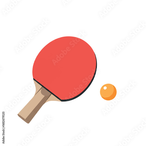 A dynamically arranged ping pong paddle and a small ball are depicted in a vibrant 2D flat vector illustration with solid colors, isolated on a clean white background.