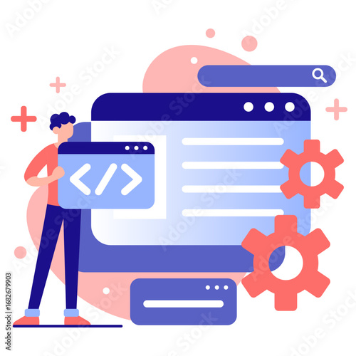 Illustration of a developer holding code snippet, with a website interface and gears in the background, representing web development.