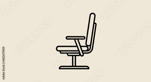A minimalist black line icon of a modern office chair in profile view on a solid beige background, representing workplace furniture.