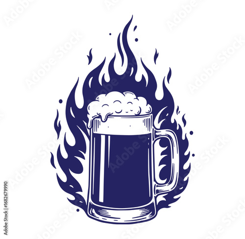 Artistic dark beer mug surrounded by flames creating a warm and inviting imagery