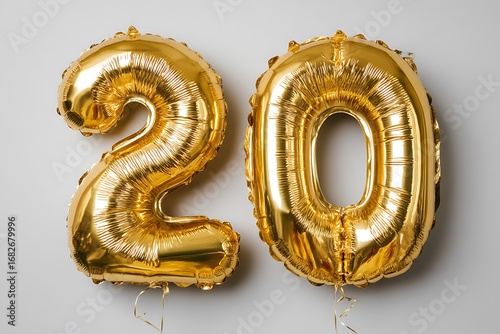 Golden helium balloons floating in the shape of the number twenty, perfect for a birthday or anniversary celebration.
