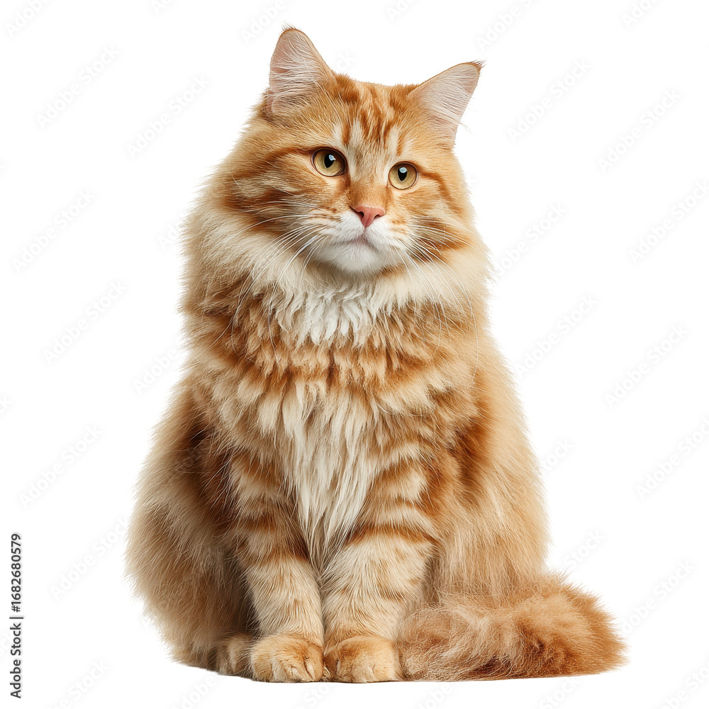 Obraz premium Fluffy ginger cat sitting isolated on black background, isolated on a transparent background