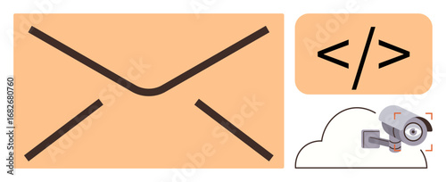 Envelope symbolizing communication, code snippet for programming, cloud with surveillance camera representing data security and cloud storage. Ideal for technology, privacy, cybersecurity