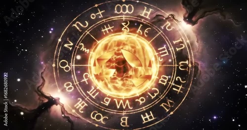 A glowing astrological zodiac wheel with celestial symbols against a cosmic nebula background.