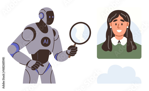 Humanoid robot with AI label examines a female profile image using a magnifying glass. Ideal for technology, artificial intelligence, data analysis, machine learning, identity verification, digital