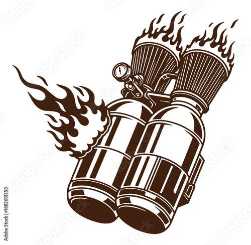 Artistic illustration of a retro jetpack concept with flame and detailed silhouetted design