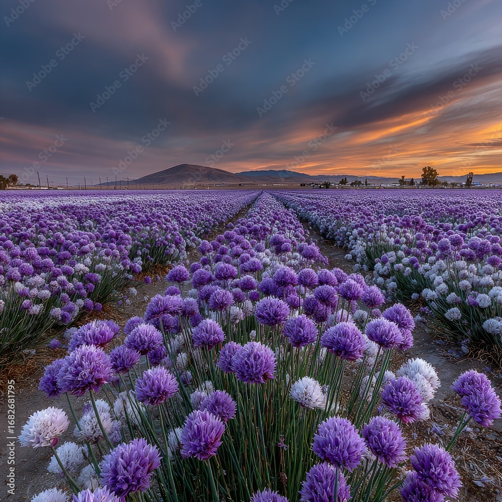 Naklejka premium Purple and white chive blossoms at sunset