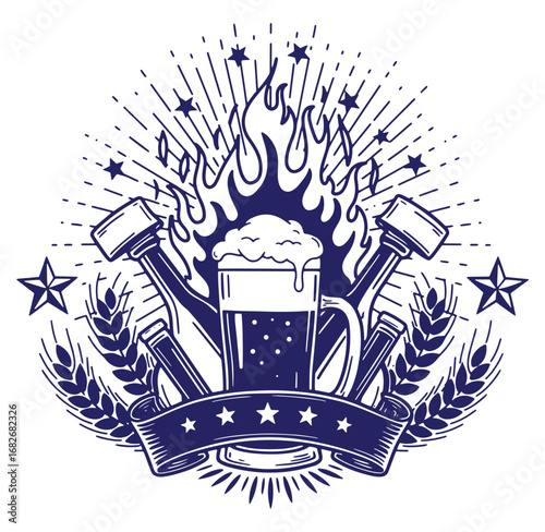 Beer mug with fire and hammers vector illustration for brewery pub or bar design