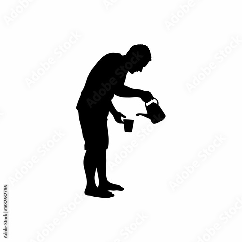 Man pouring tea from kettle into cups silhouette on white background