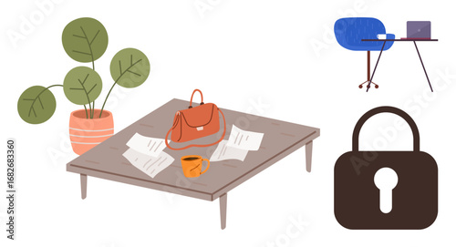 Coffee table with scattered papers, handbag, and coffee cup, plant in pot, desk with laptop and chair, and lock. Ideal for productivity, security, data privacy remote work organization home