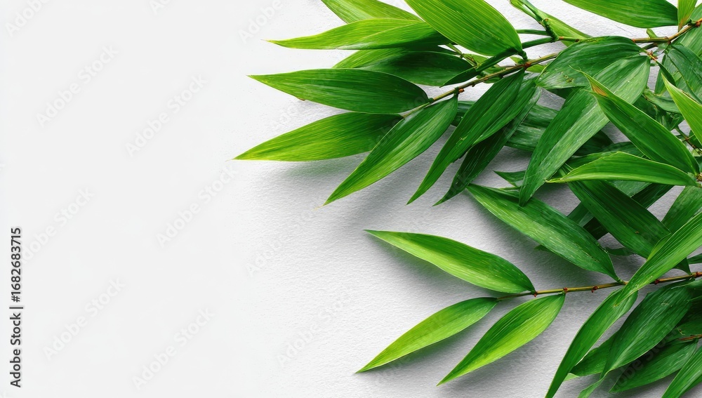 Fototapeta premium Fresh green leaves arranged at the top right corner of a white background