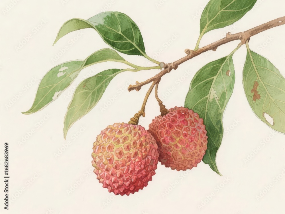 Obraz premium Lychee Fruits on a Branch with Green Leaves