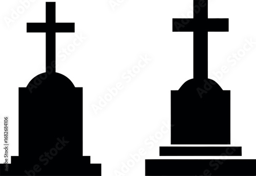 Two silhouette tombstone cross gravestone icons representing death memorial grief and cemetery symbolism vector