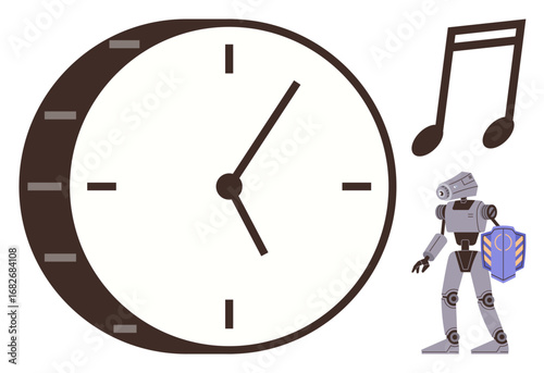 Robot holding a book, positioned by a clock and musical note, conveying time management, creativity, and education themes. Ideal for technology, AI, productivity, learning innovation music