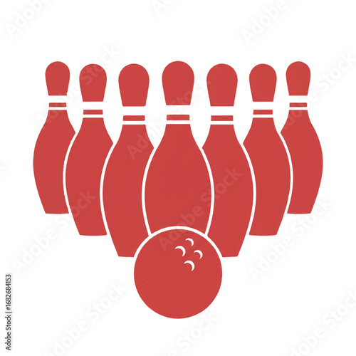 Bowling pins and a bowling ball are cleanly depicted in a 2D flat vector illustration, featuring vibrant solid colors and a simple graphic style, isolated on a bright white background.