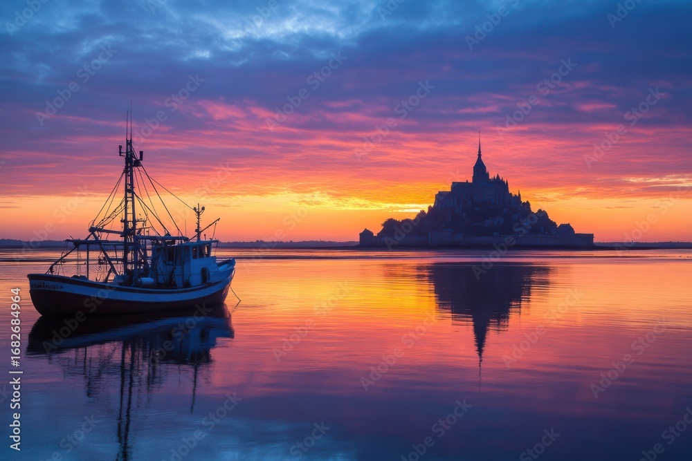 Obraz premium A tranquil sunrise over a calm body of water, featuring a fishing boat and the silhouette of a historical island monastery, reflecting beautifully in the still water.