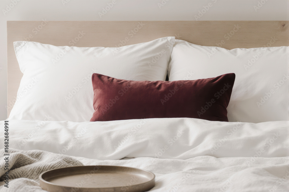 Obraz premium White pillow, white bedding, burgundy cushion, wooden headboard, and cozy blanket create serene, inviting bedroom atmosphere with soft natural light and minimalistic style