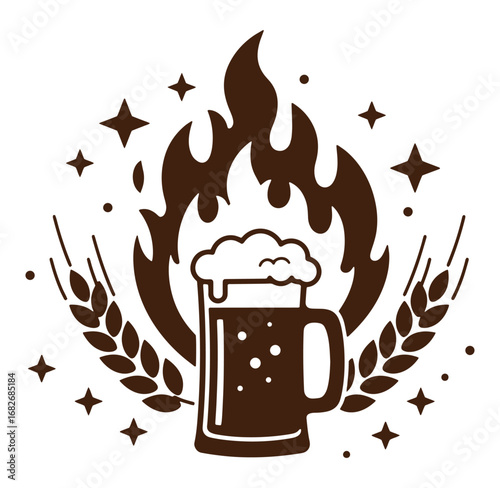 Dark brown beer mug illustration with flames wheat and star decorative elements on white