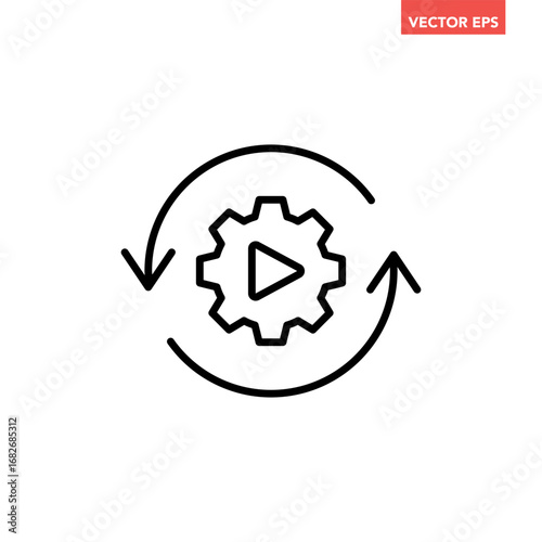Black single round gear workflow line icon, simple cogwheel process cycle glyph flat design vector pictogram, infographic interface elements for app logo web button ui ux isolated on white background