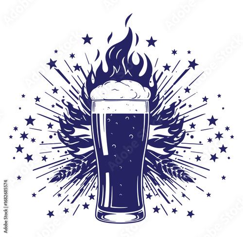 Decorative vector illustration of a pint of beer with ornate fire and starburst elements