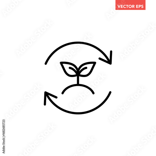Black single round zero waste line icon, simple renewal nature sign or organic recycle symbol lat design pictogram vector for app ads web button ui interface elements isolated on white background