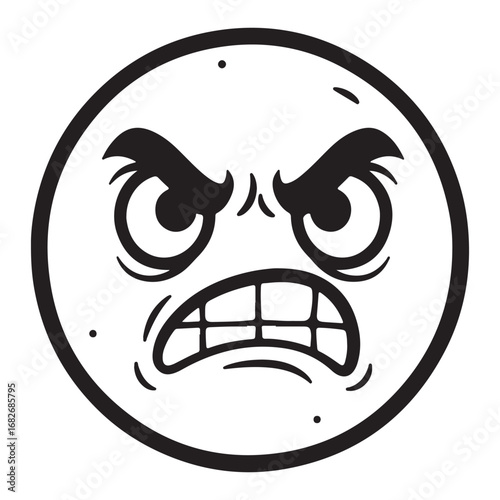 Black and White Cartoon of an Angry Face Emoji with Gritted Teeth emoticon expression