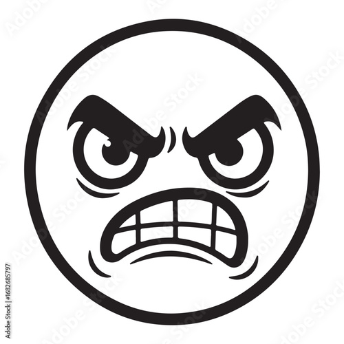 Black and White Cartoon of an Angry Face Emoji with Gritted Teeth emoticon expression
