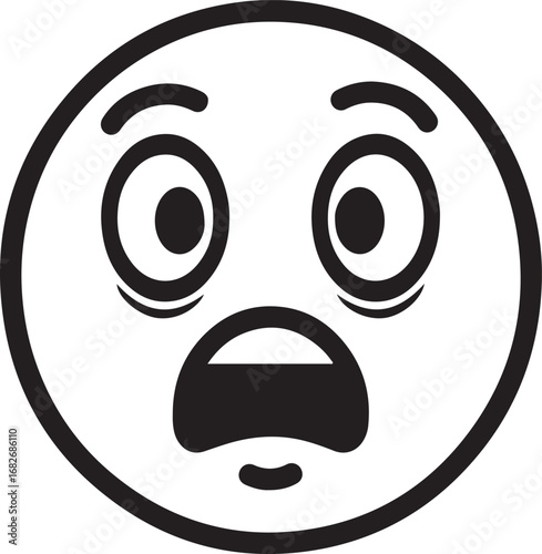 Black and white emoji face with wide eyes and open mouth in shock emoticon expression