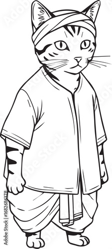 Black and White Line Drawing of a Cat Wearing Traditional Indian Clothing animal feline