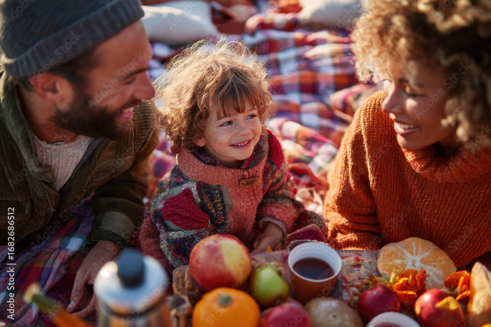 Obraz premium Joyful family picnic with child and fruits