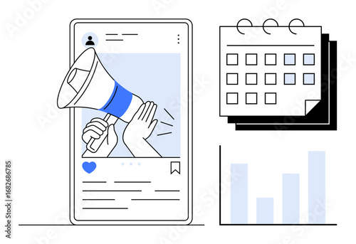 Mobile screen displays social media post with megaphone. Adjacent are a calendar and a bar graph. Ideal for content strategy, online marketing, scheduling, social media, data analytics, campaign