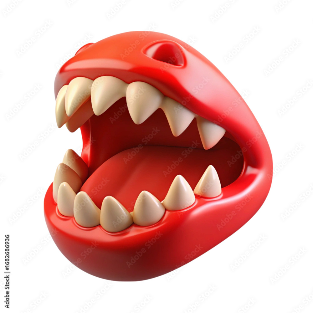 Naklejka premium Cartoon red monster face with big teeth and open mouth against black background