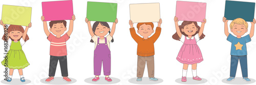 Joyful diverse group of smiling children holding colorful blank signs ready for your custom message or promotion
