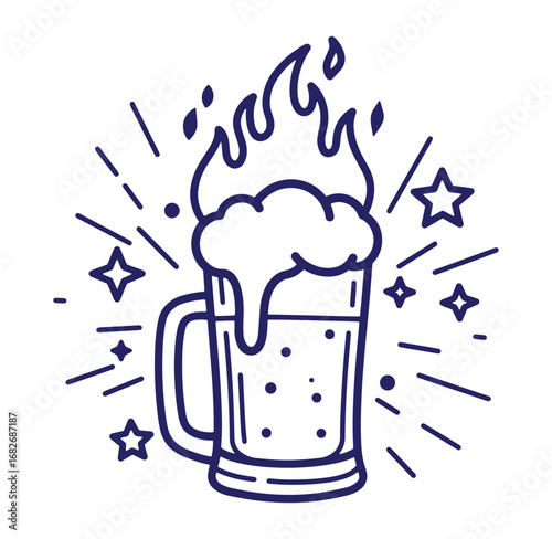 Festive beer mug illustration with foam flames and starburst elements on a white background