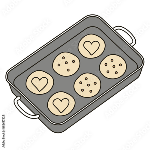 Vector art of baking tray with six cookies, three heartshaped and three dotted, ready for the oven