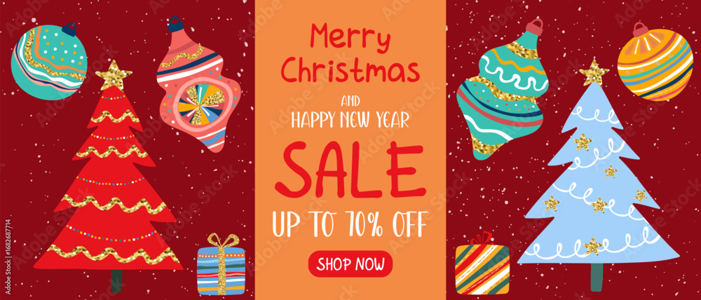 Obraz premium Merry Christmas and Happy New Year holiday sale banner with festive creative trees and decorations. Holiday shopping promotion.
