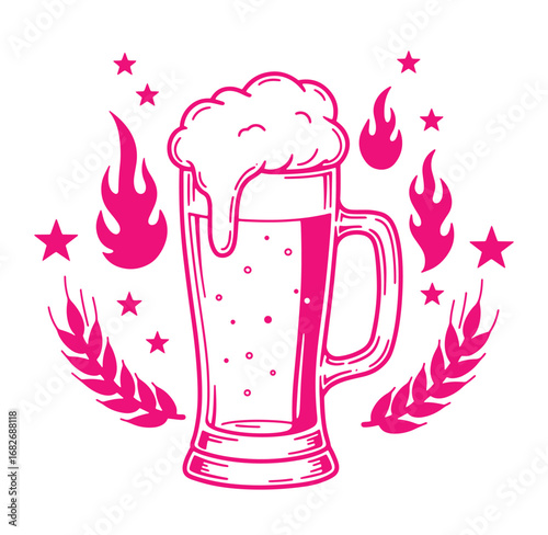 Festive pink beer stein illustration with embellishments of stars flames and wheat