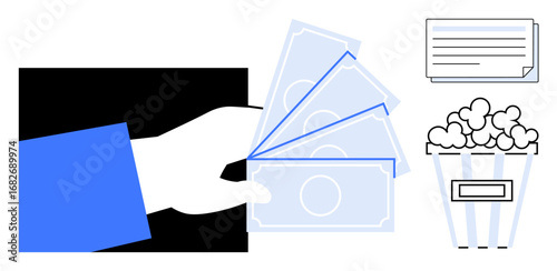 Hand holding cash, movie tickets, and popcorn bucket representing leisure, entertainment, and purchasing power. Ideal for cinema, spending, transactions, consumer activity dining lifestyle